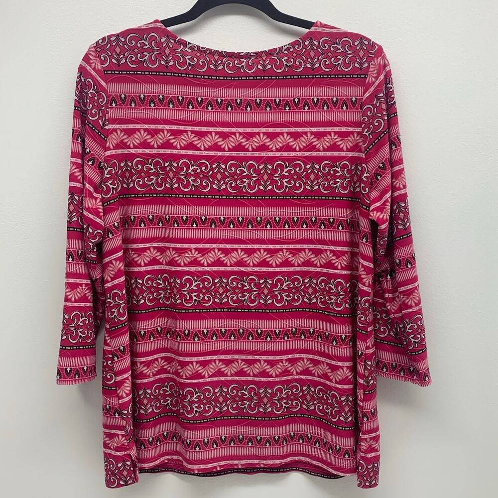 Croft&Barrow Women XL Blouse 3/4 Sleeve Multi Print Pink Black White Poly Blend